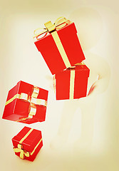 Image showing 3d man strawed red gifts with gold ribbon. 3D illustration. Vint