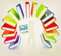 Image showing Colorful books like the rainbow and 3d man with laptop . 3D illu