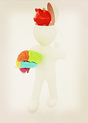 Image showing 3d people - man with half head, brain and trumb up. Saving conce