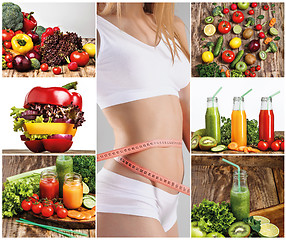 Image showing Young healthy woman with vegetables. Collage