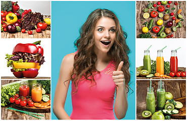 Image showing The collage of young beautiful woman with vegetable salad