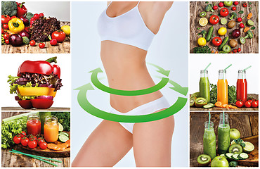 Image showing Young healthy woman with vegetables. Collage