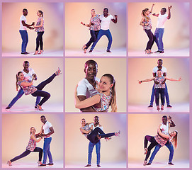 Image showing The collage from images of young couple dances social Caribbean Salsa