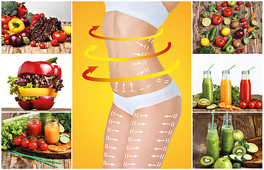 Image showing Young healthy woman with vegetables. Collage