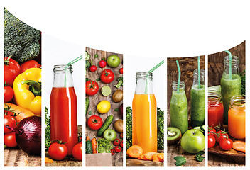 Image showing The collage fron images of bottles with fresh vegetable juices on wooden table