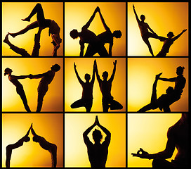 Image showing The collage from images of two people practicing yoga in the sunset light