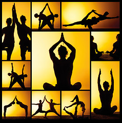 Image showing The collage from images of two people practicing yoga in the sunset light