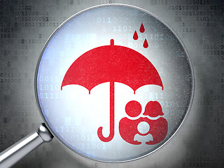 Image showing Protection concept: Family And Umbrella with optical glass on digital background