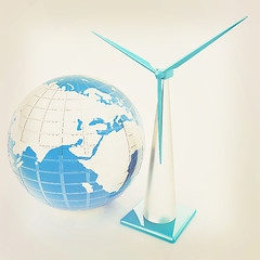 Image showing Wind turbine isolated on white. Global concept with eart. 3D ill