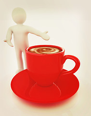 Image showing 3d people - man, person presenting - Mug of coffee with milk. 3D