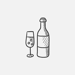 Image showing Bottle and glass of champagne sketch icon.