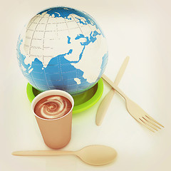 Image showing Coffe in fast-food disposable tableware and earth. 3D illustrati