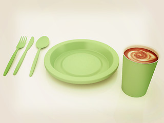 Image showing Fast-food disposable tableware. 3D illustration. Vintage style.