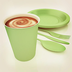 Image showing Fast-food disposable tableware. 3D illustration. Vintage style.