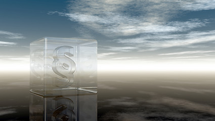 Image showing paragraph symbol in glass cube under cloudy sky - 3d rendering