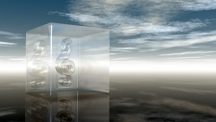 Image showing clef in glass cube under cloudy sky - 3d rendering