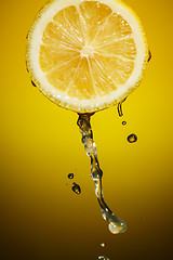 Image showing Lemon slice and splash of juice isolated on orange background