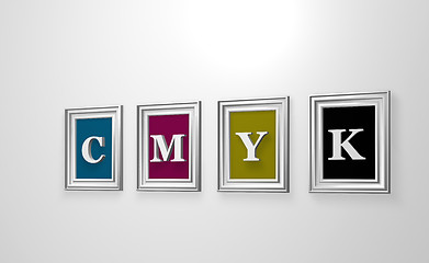 Image showing four picture frames with the letters cmyk on white wound - 3d illustration