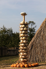 Image showing Ripe autumn pumpkins arranged on totem