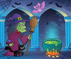 Image showing Witch with cat and broom theme image 7