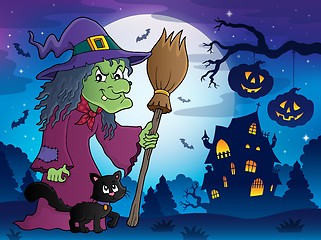 Image showing Witch with cat and broom theme image 8