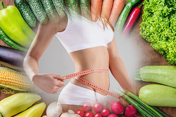 Image showing Young healthy woman with vegetables. Collage