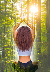 Image showing The collage from image of a young fit woman doing yoga exercises at forest