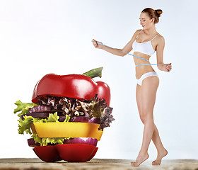 Image showing Young healthy woman with vegetables. Collage