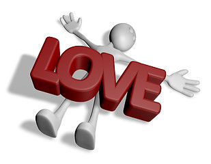 Image showing cartoonguy under the word love - 3d rendering