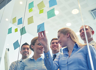 Image showing smiling business people with marker and stickers