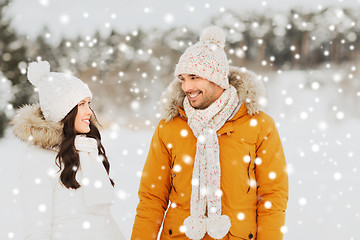 Image showing happy couple walking over winter background