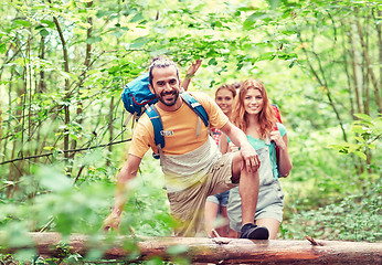 Image showing group of smiling friends with backpacks hiking