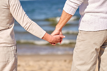 Image showing close up of senior couple holding hands on beach