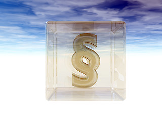 Image showing paragraph symbol in glass cube under cloudy sky - 3d rendering