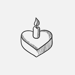 Image showing Heart-shaped cake with candle sketch icon.