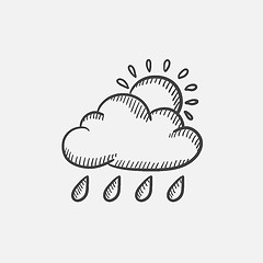 Image showing Cloud with rain and sun sketch icon.