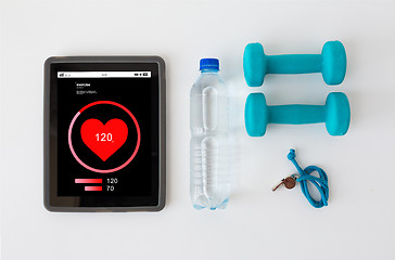 Image showing tablet pc, dumbbells, whistle and water bottle