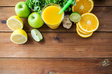 Image showing glass of orange juice, fruits and vegetables