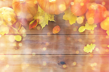 Image showing close up of pumpkins on wooden table at home