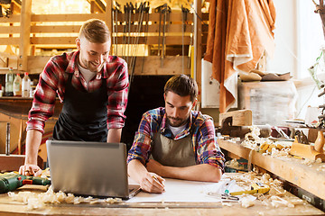 Image showing carpenters with laptop and blueprint at workshop