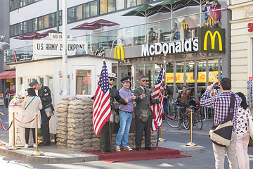 Image showing People taking pictures and selfies at check point Charlie, Berlin, Germany.