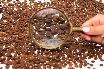 Image showing Female hand keepig magnifying glass over the coffee beans