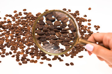 Image showing Female hand keepig magnifying glass over the coffee beans