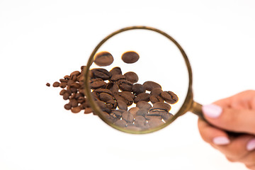 Image showing Female hand keepig magnifying glass over the coffee beans