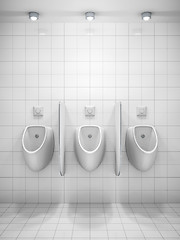 Image showing a white public restroom with three urinals