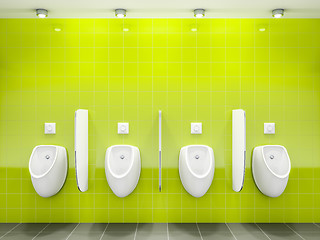 Image showing a green public restroom with four urinals 