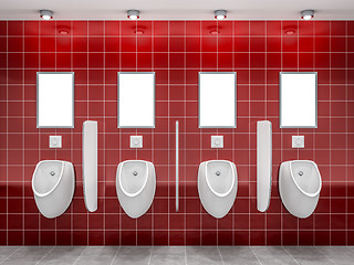 Image showing a red public restroom with four urinals 