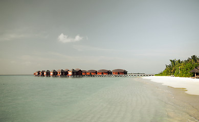 Image showing bungalow huts in sea water on exotic resort beach