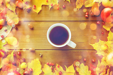 Image showing close up of tea cup on table with autumn leaves