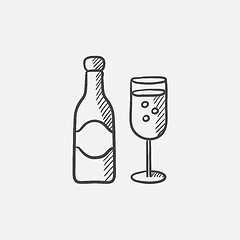 Image showing Champagne bottle and two glasses sketch icon.